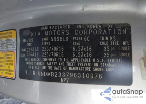 2009 Kia Sedona Lx из США, поврежденный, VIN KNDMB233796310976